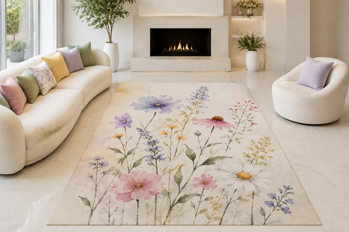 ICE ARMOR "Ultra Lightweight Large 6'7" x 9'10" Garden Flower Scatter Area Rug for Living Room, Bedroom and Home Office, Soft Low Pile Carpet with Non-Slip Silicone Backing, Ivory and Lilac