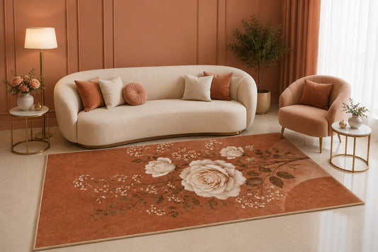 ICE ARMOR 5' x 7' Vintage Rose Floral Area Rug, Rustic Terracotta Botanical Bouquet Design for Living Room Bedroom Dining Room Decor, Non-Slip Silicone Backing Low Pile