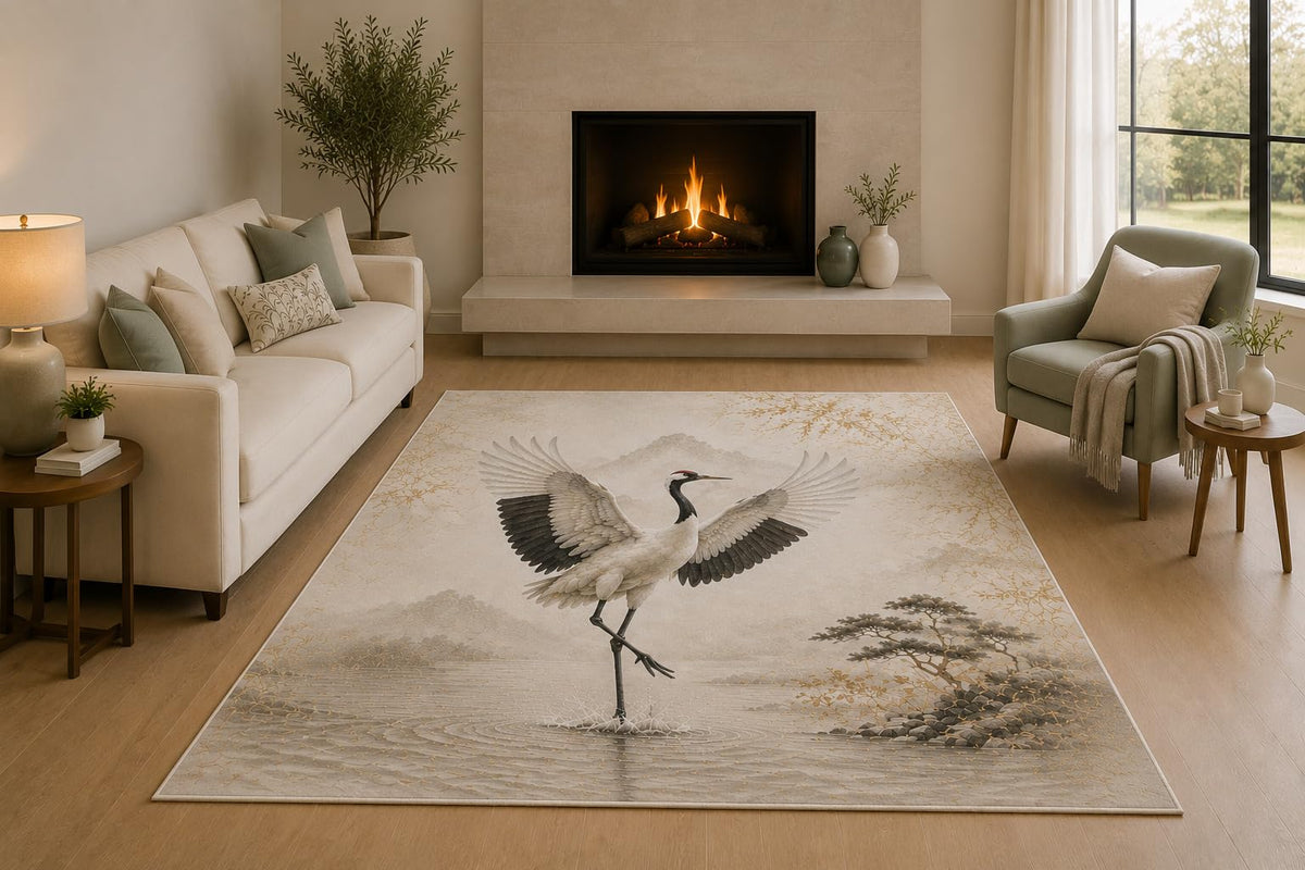 ICE ARMOR 5' x 7' Elegant Crane Bird Area Rug with Non-Slip Silicone Backing Low Pile Soft Carpet for Living Room Bedroom Japanese Zen Nature Decor