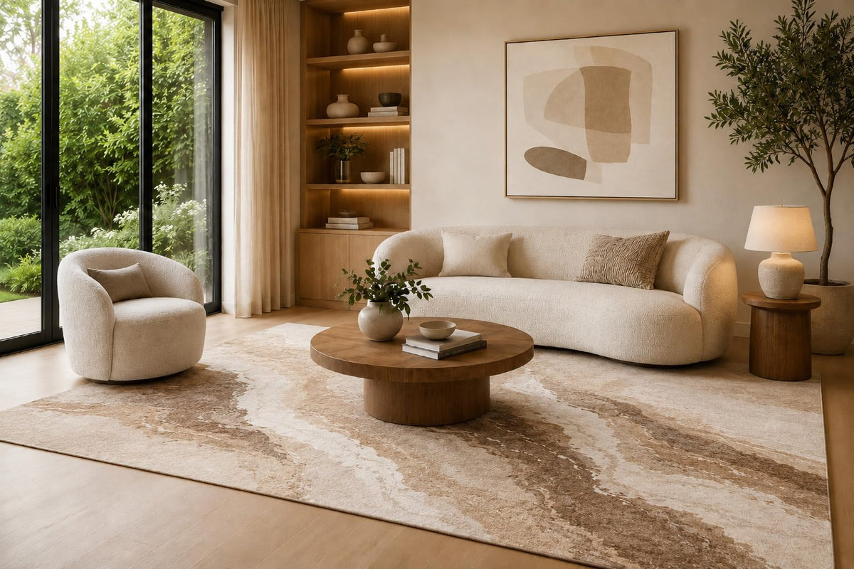 ICE ARMOR 6'7" x 9'10" Brown, Taupe and Cream Earth Tone Marble Wash Area Rug for Living Room, Soft Low Pile Carpet with Non-Slip Backing, Floor Decor for Bedroom, Dining Room and Home Office