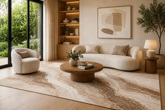 ICE ARMOR 6'7" x 9'10" Brown, Taupe and Cream Earth Tone Marble Wash Area Rug for Living Room, Soft Low Pile Carpet with Non-Slip Backing, Floor Decor for Bedroom, Dining Room and Home Office