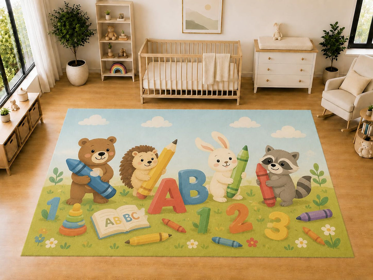 ICE ARMOR "Ultra Light Weight Large 6'7 x 9'10 ABC Numbers Animals Area Rug for Kids Room Nursery Playroom Soft Low Pile Indoor Carpet Educational Learning Floor Decor