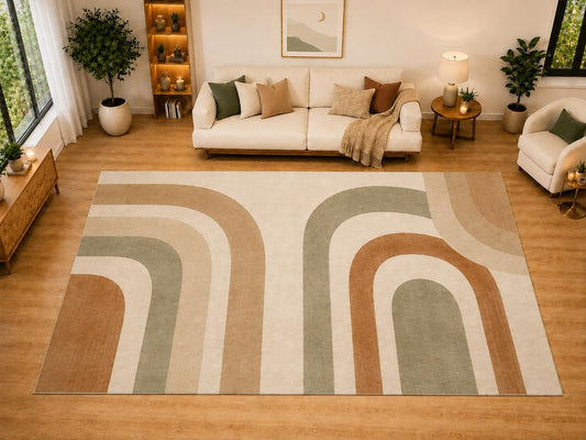 ICE ARMOR "Ultra Light Weight Large 6'7" x 9'10" Curved Portal Bands Area Rug for Living Room, Bedroom, Dining Room, Soft Low Pile Non-Slip Backing, Sage Caramel