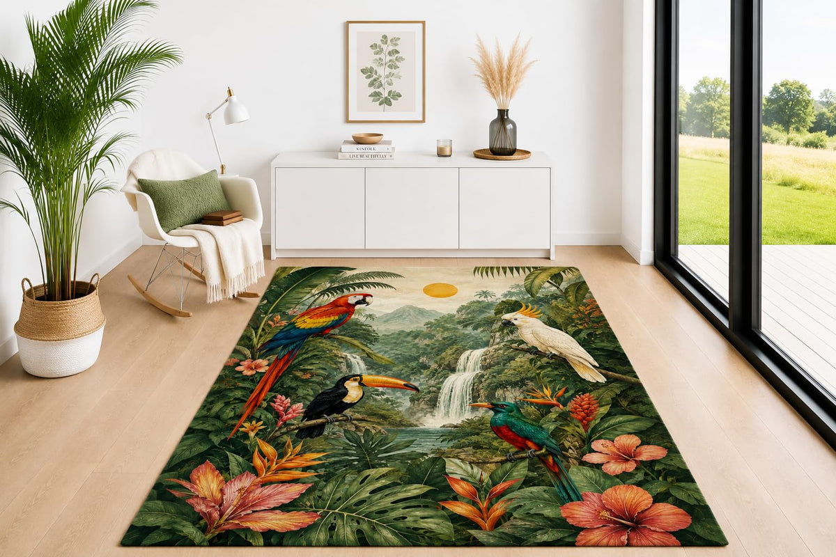 ICE ARMOR 5' x 7' Tropical Bird Paradise Area Rug, Soft Low Pile Indoor Carpet with Non-Slip Silicone Backing for Living Room, Bedroom, Dining Space, Office, Kids & Pets, Green