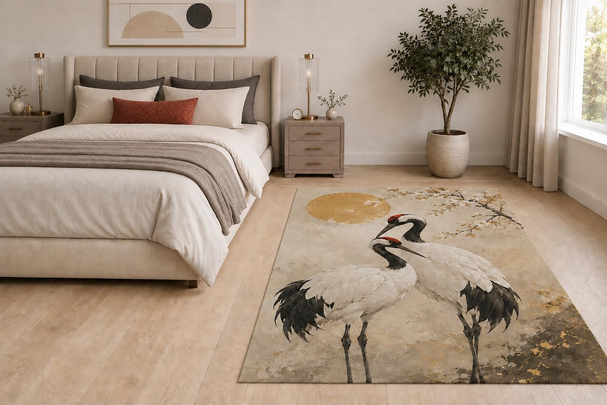 ICE ARMOR "Ultra Light Weight 5' x 7' Japanese Crane Blossoms Area Rug for Living Room, Bedroom and Home Office, Soft Low Pile Carpet with Non-Slip Silicone Backing, Beige and Black