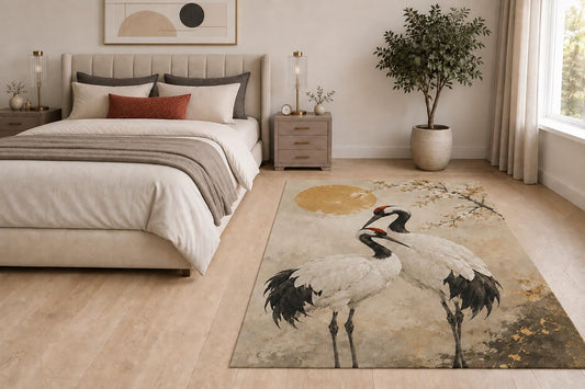 ICE ARMOR "Ultra Light Weight 5' x 7' Japanese Crane Blossoms Area Rug for Living Room, Bedroom and Home Office, Soft Low Pile Carpet with Non-Slip Silicone Backing, Beige and Black
