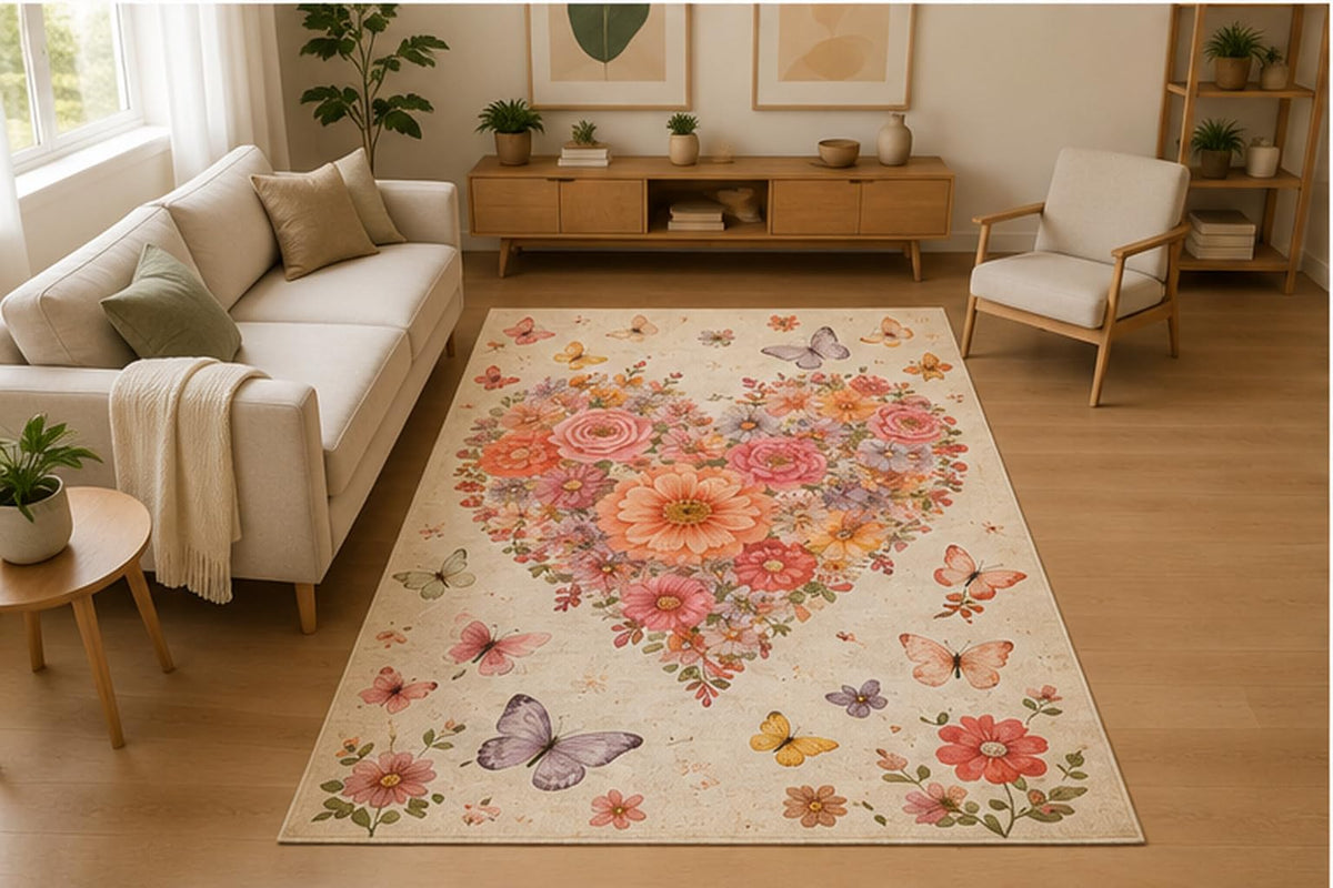 ICE ARMOR 5' x 7' Floral Heart Butterfly Area Rug for Living Room, Soft Low Pile Indoor Rug with Non-Slip Silicone Backing, Bedroom, Nursery, Playroom, Kids & Pets, Cream Coral