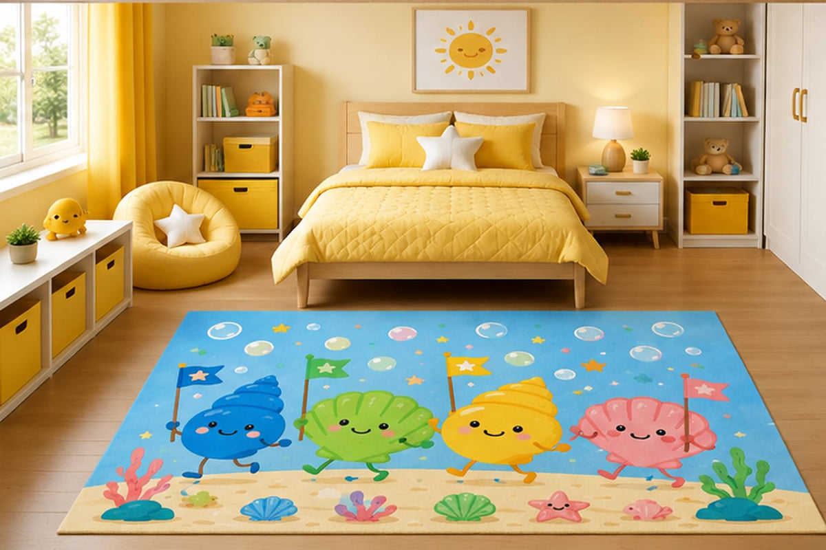 ICE ARMOR 5' x 7' Cute Seashell Parade Area Rug for Kids Bedroom Nursery Playroom Scandinavian Minimalist Ocean Beach Coastal Decor Non-Slip Silicone Backing Low Pile