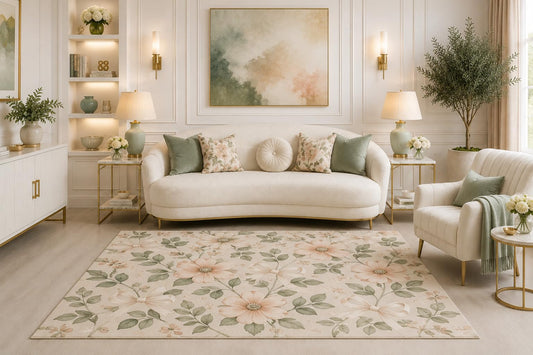 ICE ARMOR "Ultra Light Weight 5' x 7' Blush Floral Bow Area Rug, Elegant Botanical Cottagecore Flower Rug for Living Room Bedroom Nursery, Non-Slip Silicone Backing Low Pile