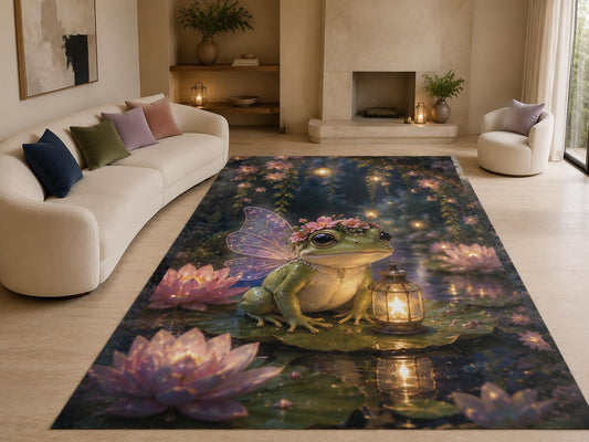 ICE ARMOR "Ultra Lightweight Large 6'7" x 9'10" Frog Lantern Pond Area Rug for Living Room, Bedroom and Home Office, Soft Low Pile Carpet with Non-Slip Silicone Backing, Green and Purple