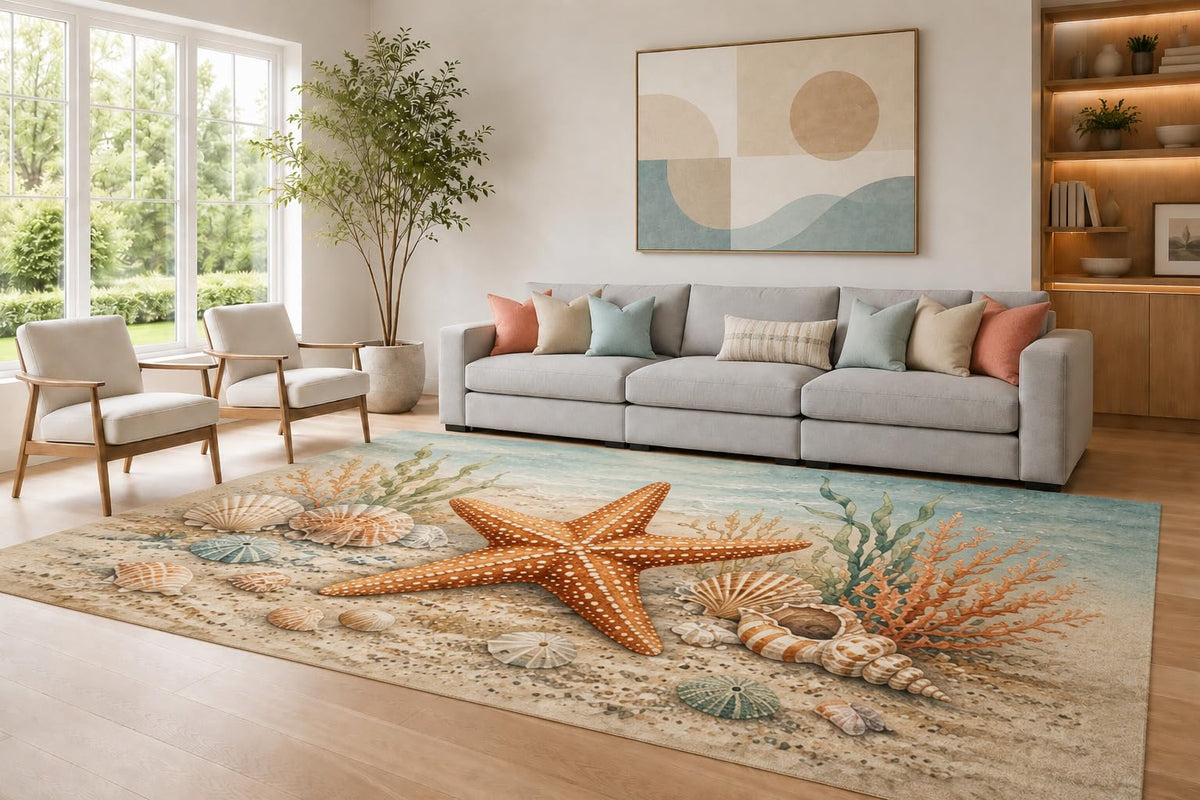 ICE ARMOR Large 6'7" x 9'10" Beige and Orange Starfish Shells Area Rug for Living Room, Soft Low Pile Carpet with Non-Slip Silicone Backing, Decor for Bedroom Dining Room and Home Office