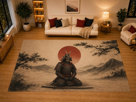 ICE ARMOR "Ultra Light Weight Large 6'7" x 9'10" Kneeling Ronin Area Rug for Living Room Bedroom Dining Area, Soft Low Pile Non-Slip Backing, Beige Red Black Martial Decor