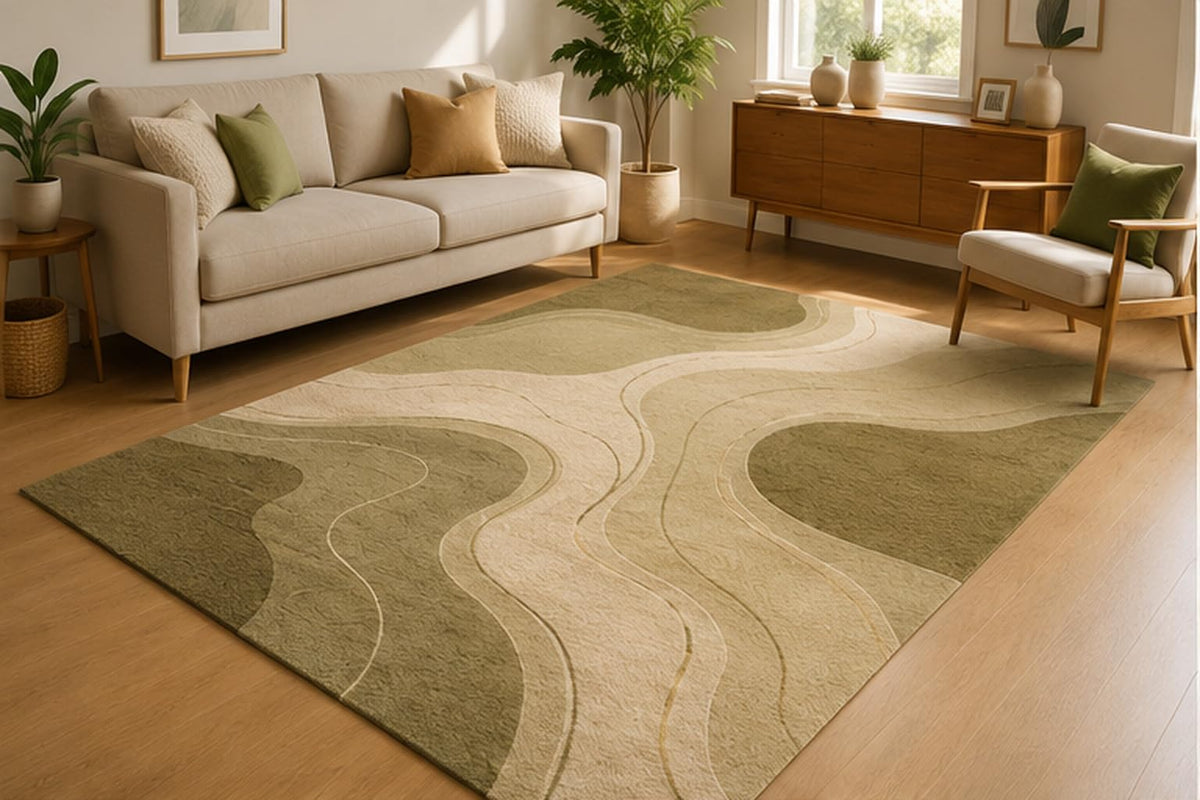 ICE ARMOR 5' x 7' Sage Modern Contour Area Rug for Living Room, Soft Low Pile Indoor Rug with Non-Slip Silicone Backing, Abstract Carpet for Bedroom, Dining Room, Office, Sage Green Beige