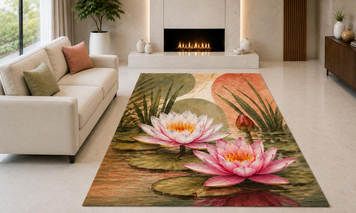 ICE ARMOR "Ultra Light Weight 5' x 7' Lotus Lily Pond Area Rug for Living Room, Bedroom and Home Office, Soft Low Pile Carpet with Non-Slip Silicone Backing, Pink and Green