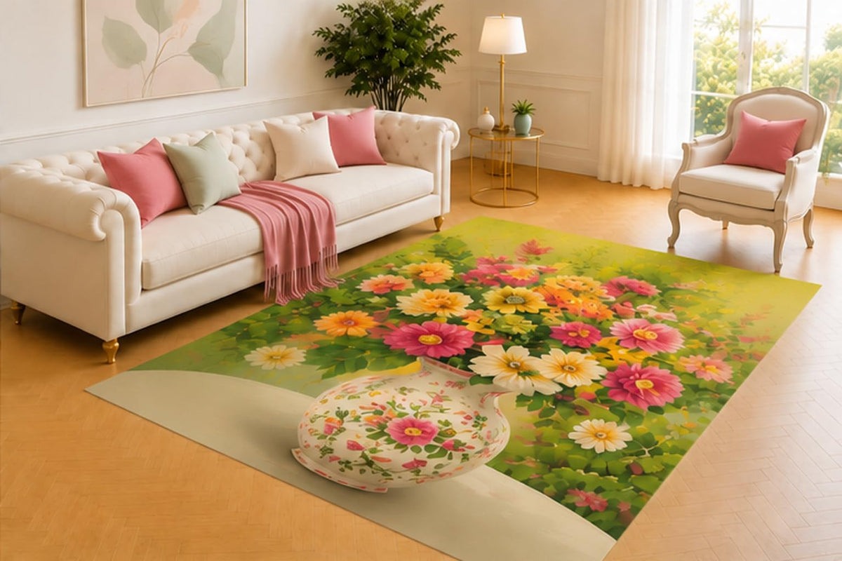 ICE ARMOR 5' x 7' Garden Bouquet Rug, Pink, Yellow and White Blooms in a Floral Ceramic Vase, Bright Botanical Decor for Living Room, Bedroom, Sunroom or Guest Room