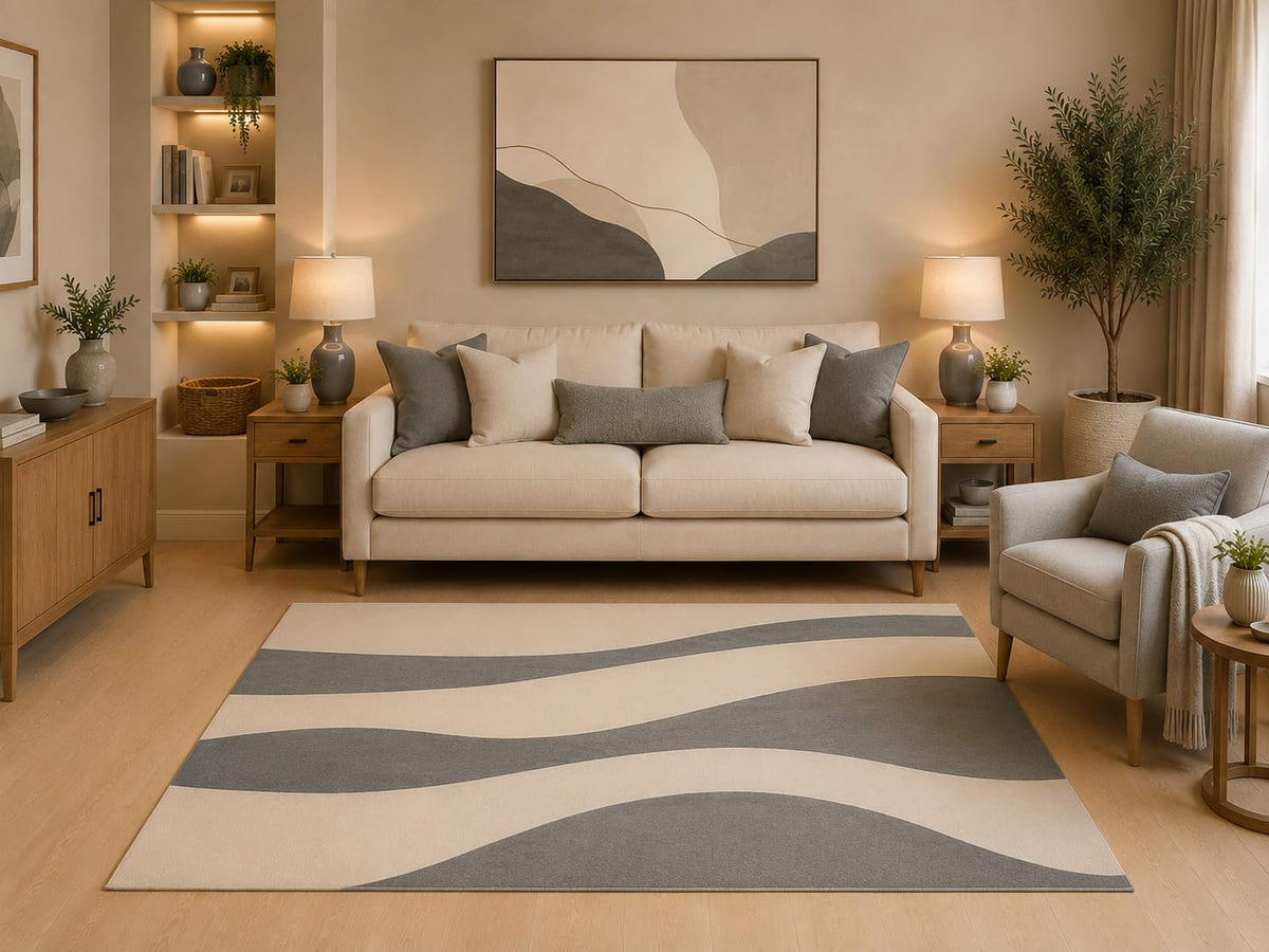 ICE ARMOR "Ultra Light Weight 5' x 7' Modern Wavy Stripe Area Rug Gray Cream Minimalist Abstract Pattern for Living Room Bedroom Dining Room Office Non-Slip Silicone Backing Low Pile