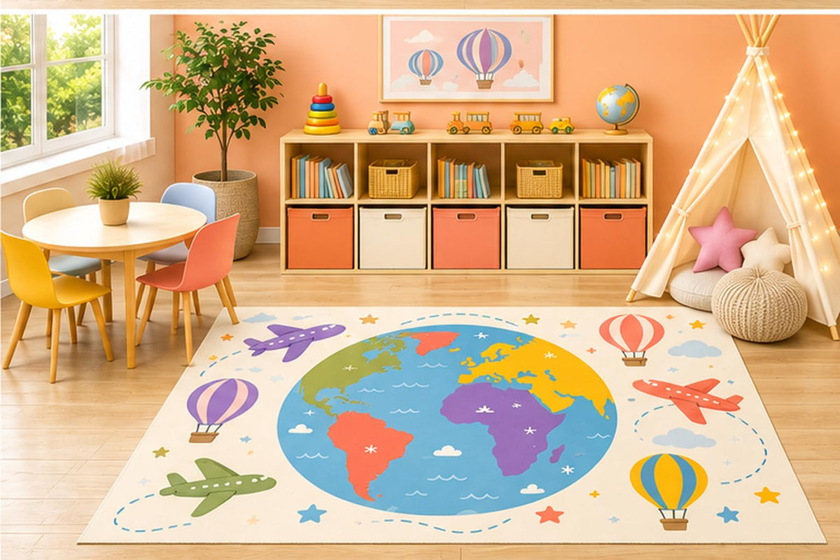 ICE ARMOR 5' x 7' World Map Travel Area Rug, Educational Geography Airplanes and Hot Air Balloons Learning Play Mat for Kids Bedroom Classroom Playroom, Non-Slip Silicone Backing Low Pile