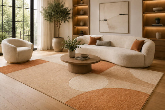 ICE ARMOR 6'7" x 9'10" Orange and Cream Geometric Circle Blocks Area Rug for Living Room, Soft Low Pile Carpet with Non-Slip Silicone Backing, Floor Decor for Bedroom, Dining Area and Home Office