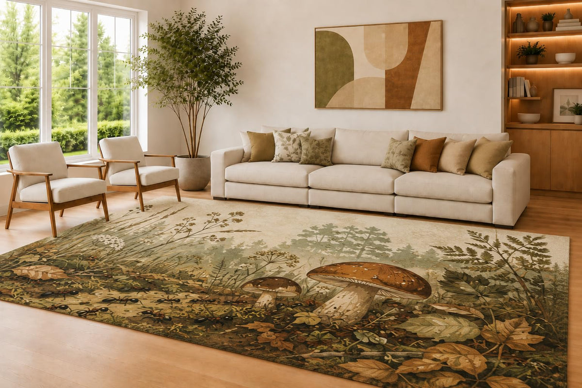 ICE ARMOR Large 6'7" x 9'10" Ivory and Brown Mushroom Meadow Accent Area Rug for Living Room, Soft Low Pile Carpet with Non-Slip Silicone Backing, Decor for Bedroom and Home Office