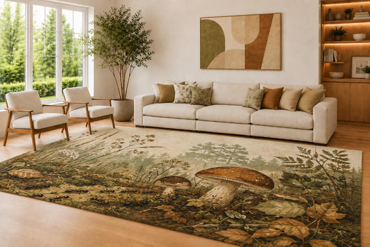 ICE ARMOR Large 6'7" x 9'10" Ivory and Brown Mushroom Meadow Accent Area Rug for Living Room, Soft Low Pile Carpet with Non-Slip Silicone Backing, Decor for Bedroom and Home Office