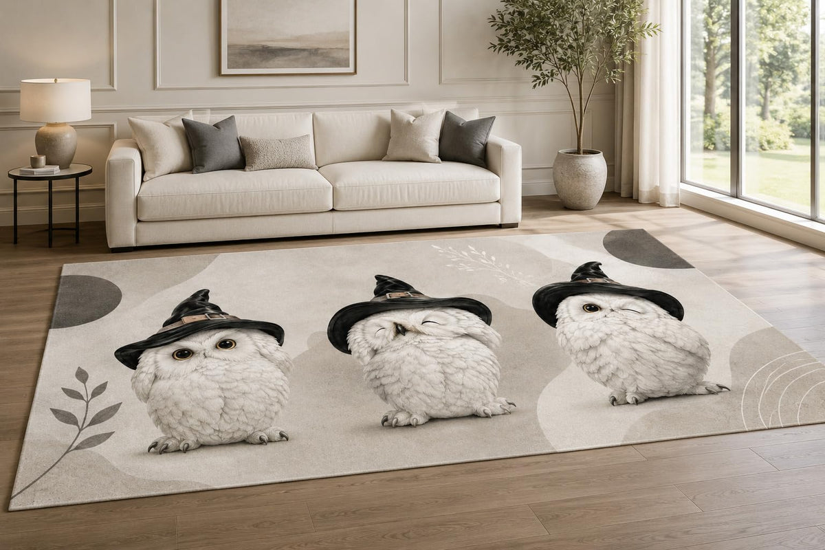 ICE ARMOR "Ultra Lightweight Large 6'7" x 9'10" Winter Owl Trio Area Rug for Living Room, Bedroom and Home Office, Soft Low Pile Carpet with Non-Slip Silicone Backing, White and Black