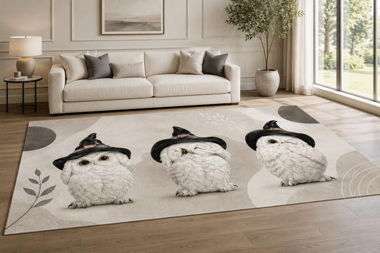 ICE ARMOR "Ultra Lightweight Large 6'7" x 9'10" Winter Owl Trio Area Rug for Living Room, Bedroom and Home Office, Soft Low Pile Carpet with Non-Slip Silicone Backing, White and Black