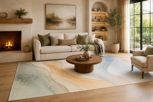 ICE ARMOR Large 6'7" x 9'10" Sage Green and Light Blue Layered Stream Area Rug for Living Room, Soft Low Pile Carpet with Non-Slip Silicone Backing, Decor for Bedroom, Dining Area and Home Office