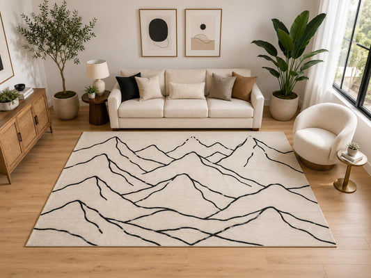 ICE ARMOR Large 6'7" x 9'10" Minimal Mountain Line Art Area Rug for for Bedroom, Living Room, Soft Low Pile Indoor Rug with Non-Slip Silicone Backing, Ivory Black