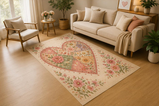 ICE ARMOR 5' x 7' Patchwork Heart Floral Area Rug, Soft Low Pile Indoor Rug with Non-Slip Silicone Backing for Living Room, Bedroom, Family Room, Cottage Decor, Pink Green Cream