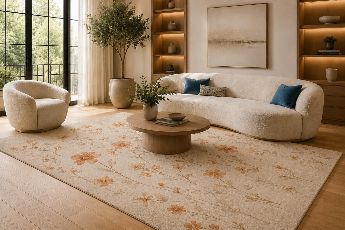 ICE ARMOR 6'7" x 9'10" Orange and Cream Delicate Wildflowers Area Rug for Living Room, Soft Low Pile Carpet with Non-Slip Silicone Backing, Floor Decor for Bedroom, Dining Area and Home Office