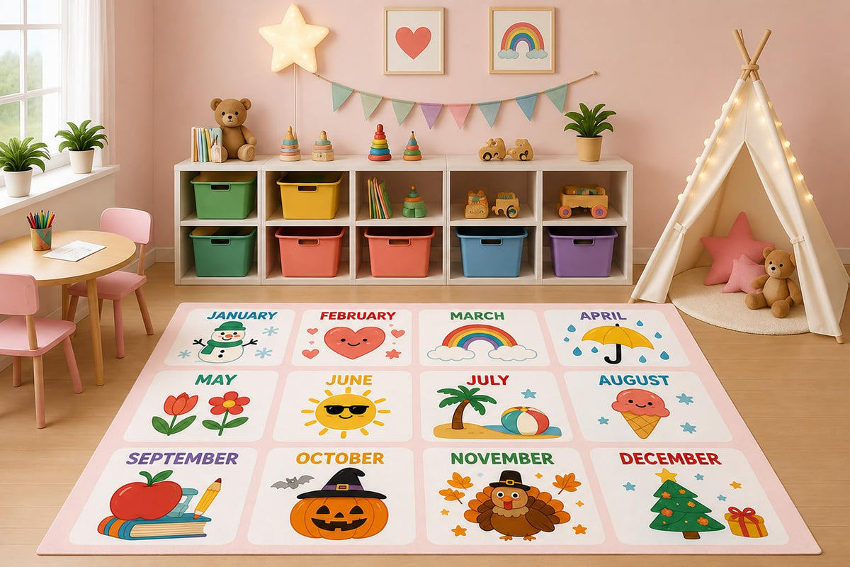 ICE ARMOR 5' x 7' Months of the Year Learning Area Rug for Kids Playroom Nursery Bedroom, Seasonal Calendar Educational Preschool Classroom Cartoon Decor, Non-Slip Silicone Backing Low Pile
