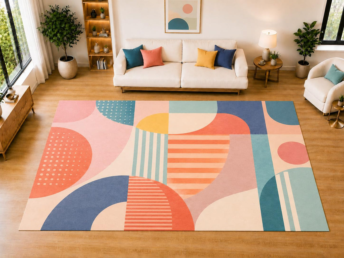 ICE ARMOR "Ultra Light Weight Large 6'7 x 9'10 Pastel Geometric Shapes Area Rug for Living Room, Dining Room, and Bedroom, Soft Low Pile Indoor Rug, Modern Floor Decor