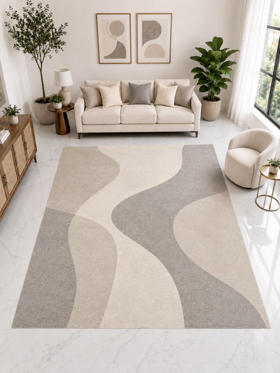 ICE ARMOR Large 6'7" x 9'10" Wavy Color Block Area Rug, Soft Low Pile Indoor Rug with Non-Slip Silicone Backing for Living Room Office, Beige Gray