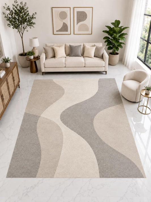 ICE ARMOR Large 6'7" x 9'10" Wavy Color Block Area Rug, Soft Low Pile Indoor Rug with Non-Slip Silicone Backing for Living Room Office, Beige Gray