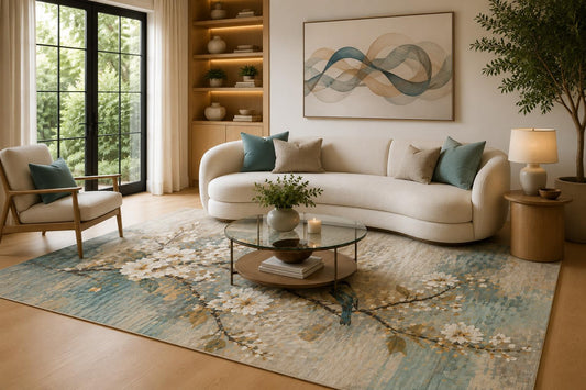 ICE ARMOR 6'7" x 9'10" Blue Gray, Cream and Beige Blossom Branches Area Rug for Living Room, Soft Low Pile Carpet with Non-Slip Backing for Bedroom and Dining Room