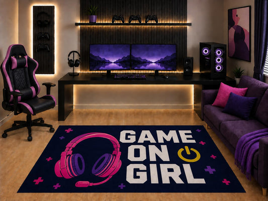 ICE ARMOR "Ultra Light Weight 5' x 7' Game On Girl Gaming Area Rug Headset Graphic Design for Girls Teen Bedroom Gaming Room Playroom Non-Slip Silicone Backing Low Pile