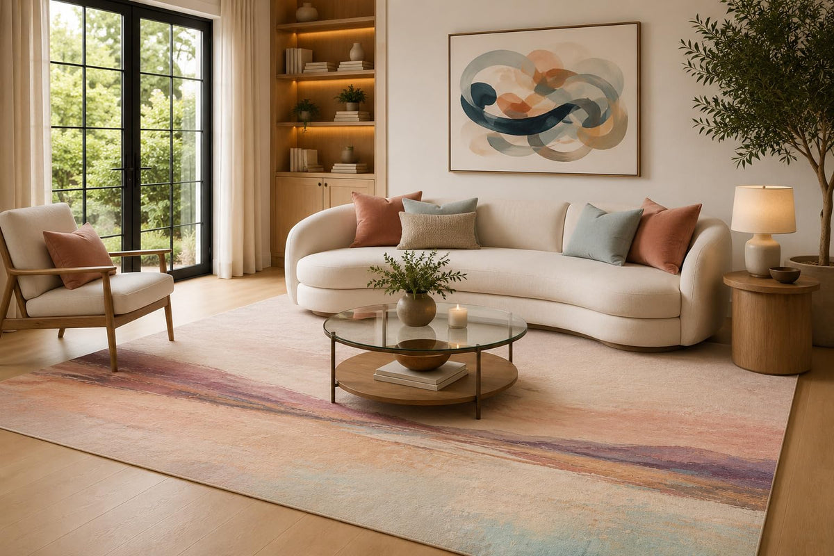 ICE ARMOR 6'7" x 9'10" Blush, Mauve and Cream Horizon Bands Area Rug for Living Room, Soft Low Pile Carpet with Non-Slip Backing for Bedroom, Dining Room and Office