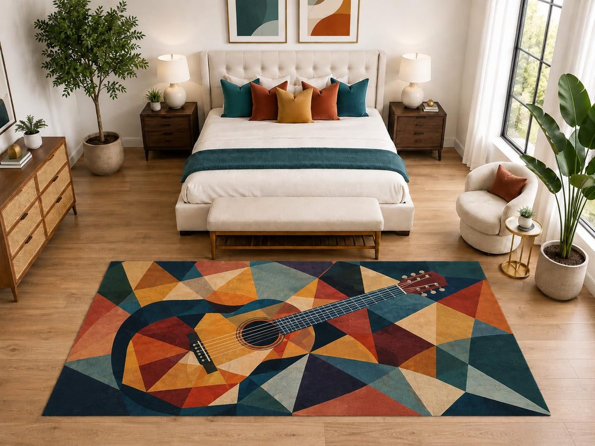 ICE ARMOR "Ultra Light Weight Large 6'7" x 9'10" Geometric Acoustic Guitar Rug, Soft Low Pile Indoor Rug, Non-Slip Silicone Backing for Bedroom Teal