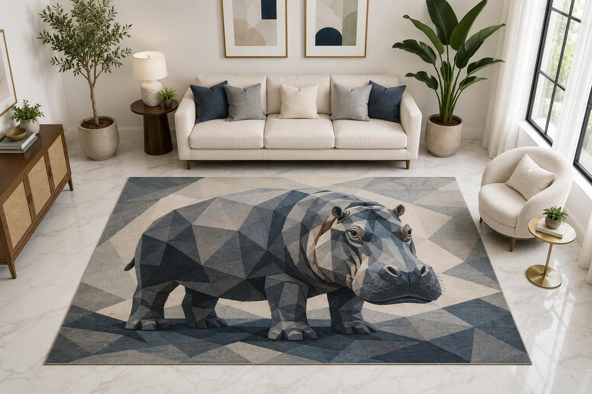 ICE ARMOR "Ultra Light Weight Large 6'7" x 9'10" Low Poly Hippo Area Rug Carpet Soft Low Pile Indoor Rug and Non-Slip Silicone Backing Bedroom Gray