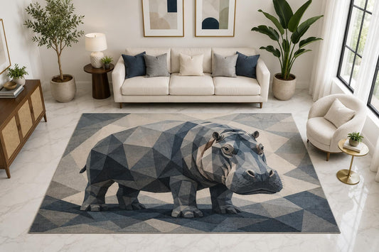 ICE ARMOR "Ultra Light Weight Large 6'7" x 9'10" Low Poly Hippo Area Rug Carpet Soft Low Pile Indoor Rug and Non-Slip Silicone Backing Bedroom Gray