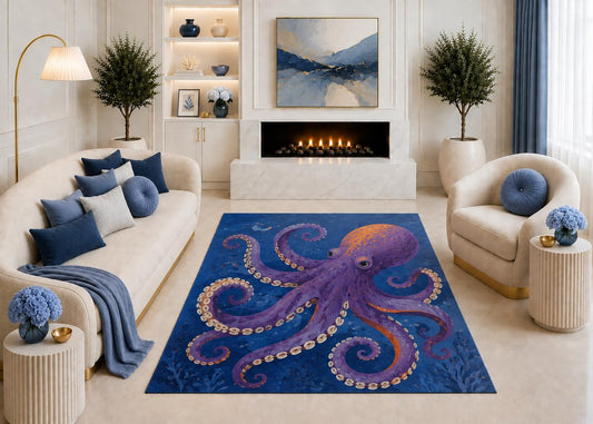 ICE ARMOR "Ultra Light Weight 5' x 7' Purple Octopus Area Rug, Whimsical Underwater Ocean Sea Life Art for Living Room Bedroom Coastal Beach House, Non-Slip Silicone Backing Low Pile