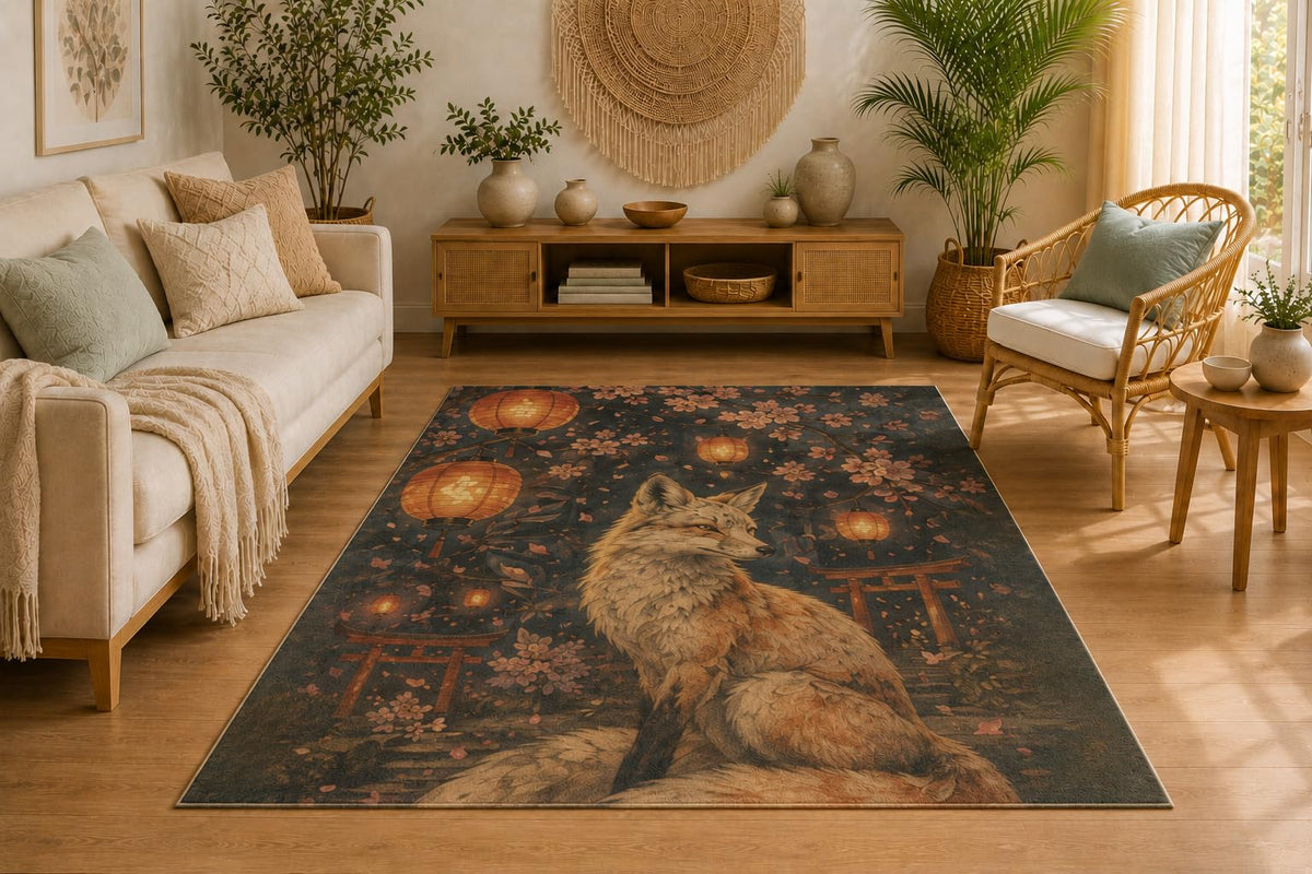 ICE ARMOR 5' x 7' Japanese Fox Lantern Area Rug, Soft Low Pile Indoor Rug with Non-Slip Silicone Backing, Decorative Carpet for Living Room, Bedroom, Office