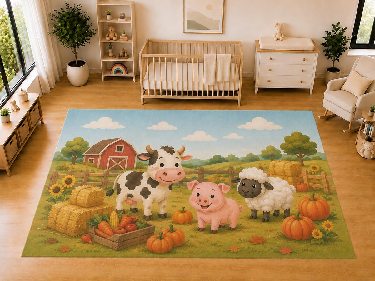ICE ARMOR "Ultra Light Weight Large 6'7 x 9'10 Autumn Farm Animals Area Rug for Kids Room Nursery Playroom Soft Low Pile Indoor Carpet Harvest Pumpkin Floor Decor