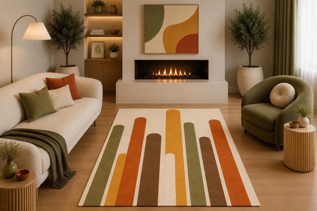 ICE ARMOR 5' x 7' Mid Century Modern Area Rug Mustard Orange Olive Brown Retro Stripe Design for Living Room Bedroom Office Non-Slip Silicone Backing Low Pile