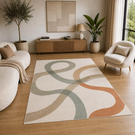 ICE ARMOR 5' x 7' Modern Abstract Ribbon Area Rug for Living Room, Soft Low Pile Indoor Rug with Non-Slip Silicone Backing, Decorative Carpet for Bedroom, Office, Sage Green