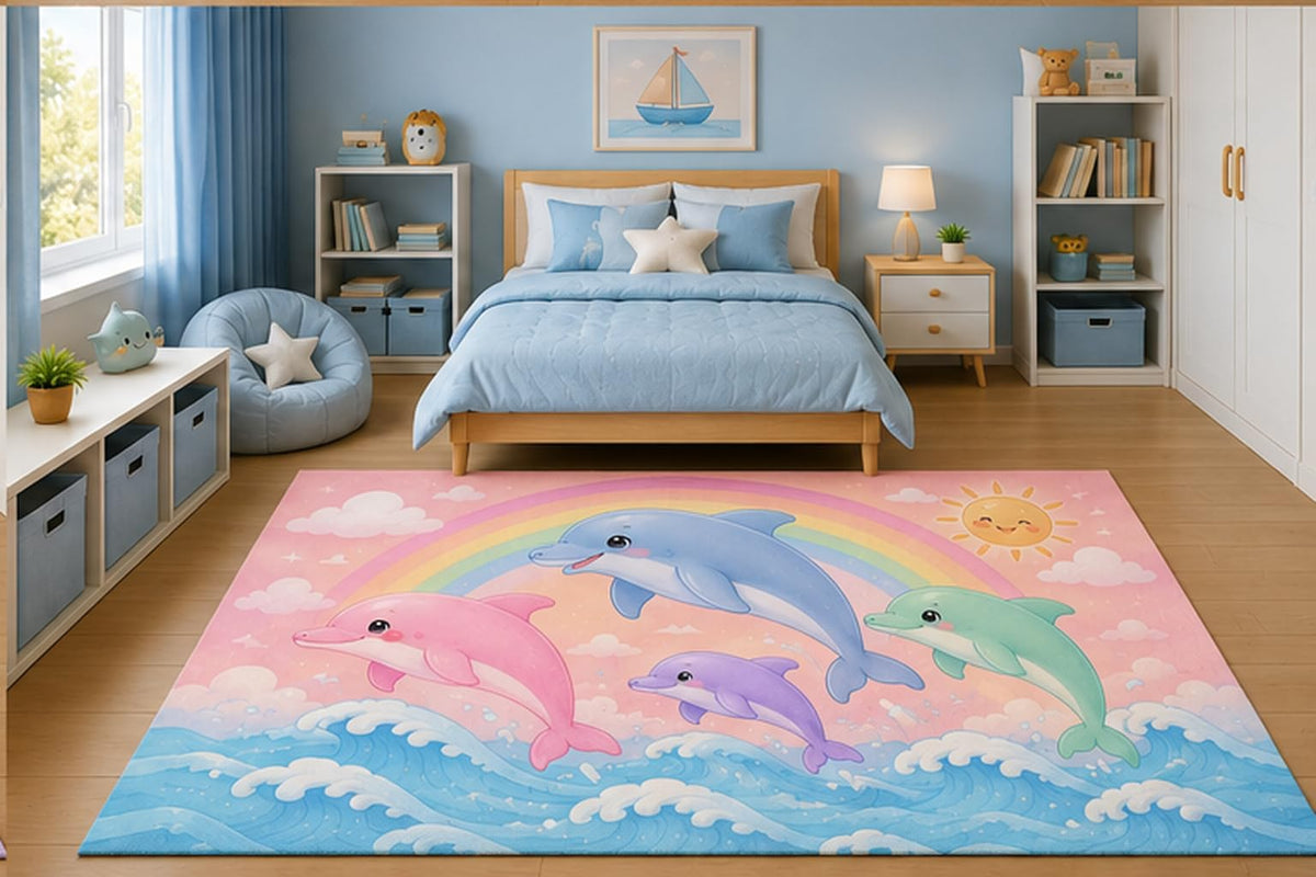 ICE ARMOR 5' x 7' Cute Rainbow Dolphins Ocean Waves Area Rug for Girls Bedroom Nursery Playroom Scandinavian Minimalist Coastal Sea Life Decor Non-Slip Silicone Backing Low Pile