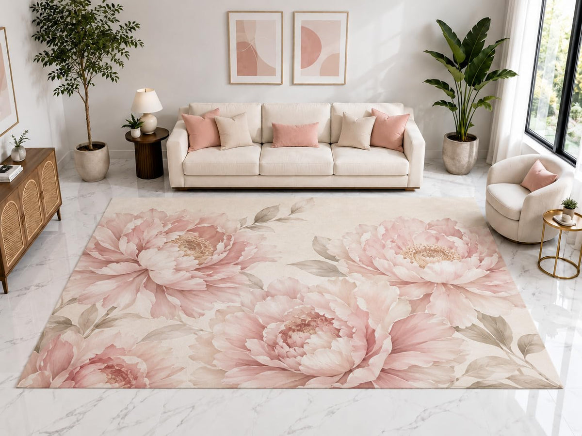 ICE ARMOR "Ultra Light Weight Large 6'7" x 9'10" Pink Peony Floral Rug, Soft Low Pile Indoor Rug, Non-Slip Silicone Backing for Bedroom Pink Cream