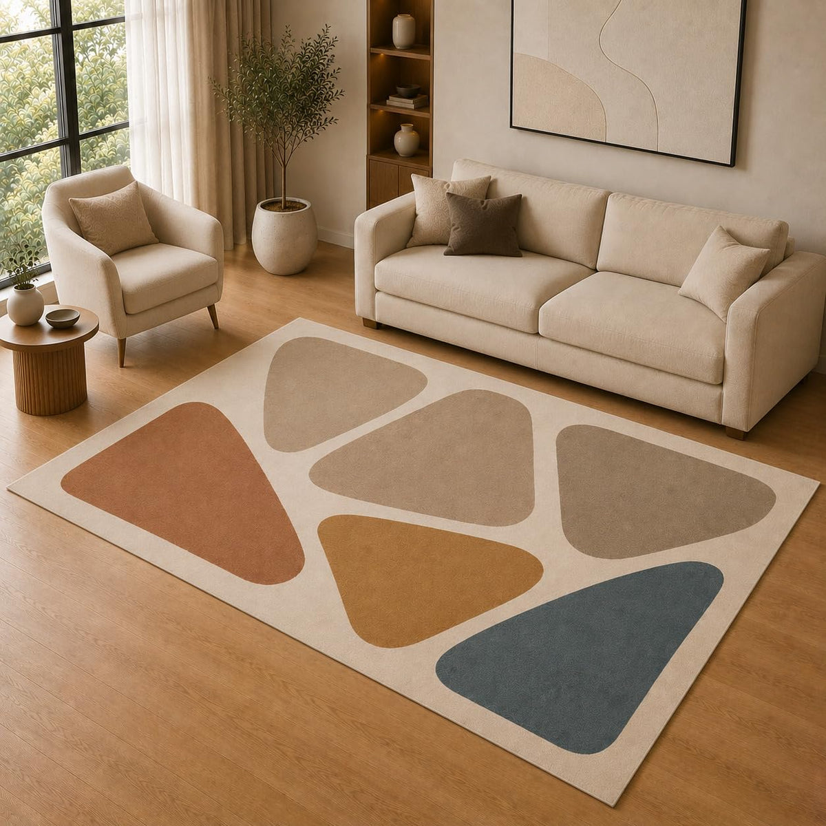 ICE ARMOR 5' x 7' Modern Abstract Pebble Shape Area Rug for Living Room, Soft Low Pile Indoor Rug with Non-Slip Silicone Backing, Decorative Carpet for Bedroom, Office, Family Room, Beige