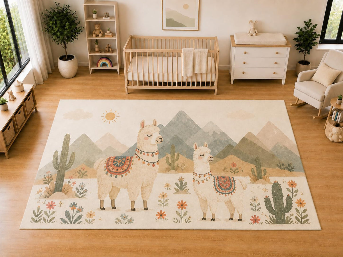 ICE ARMOR "Ultra Light Weight Large 6'7 x 9'10 Llama Desert Friends Area Rug for Kids Room Nursery Playroom Soft Low Pile Indoor Carpet Cute Cactus Animal Floor Decor