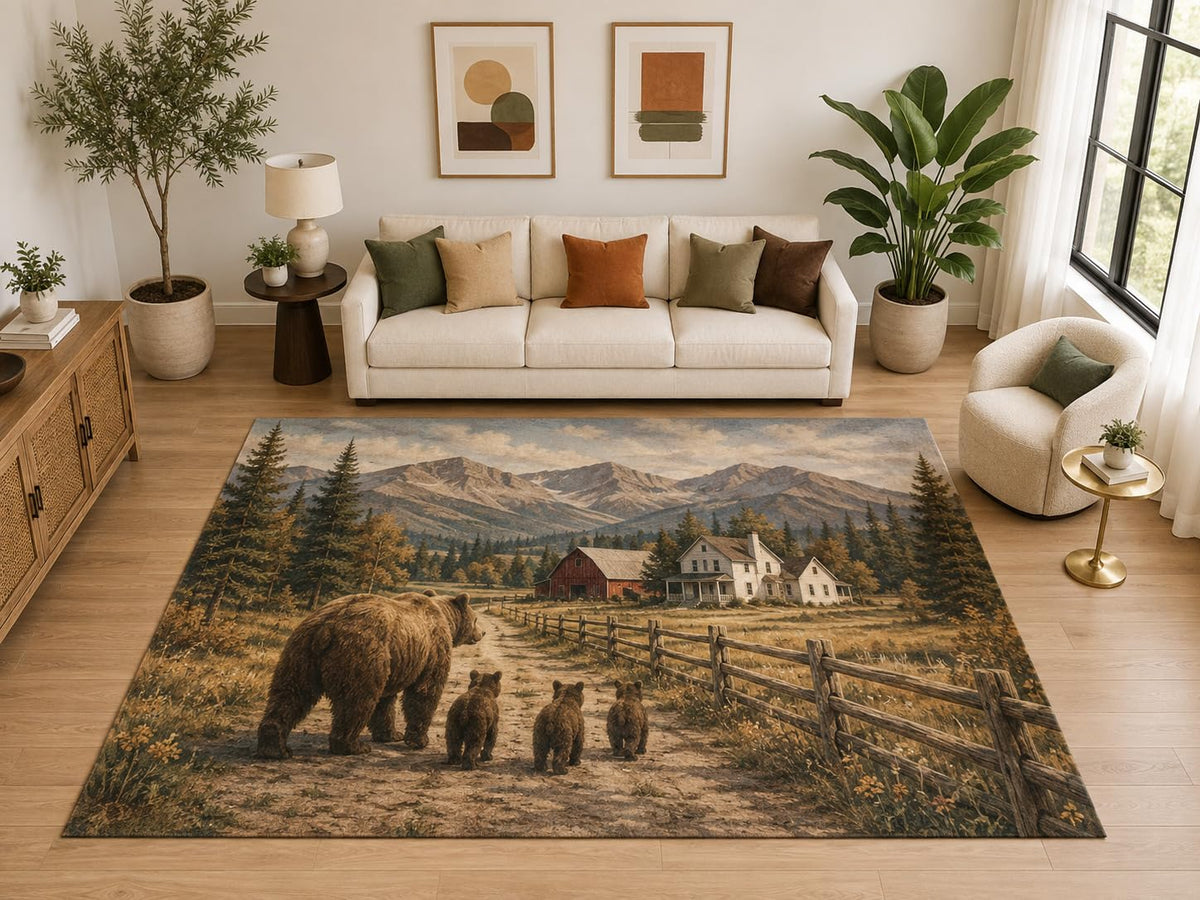 ICE ARMOR "Ultra Light Weight Large 6'7" x 9'10" Bear Family Farm Road Rug, Soft Low Pile Indoor Rug, Non-Slip Silicone Backing for Living Room Brown